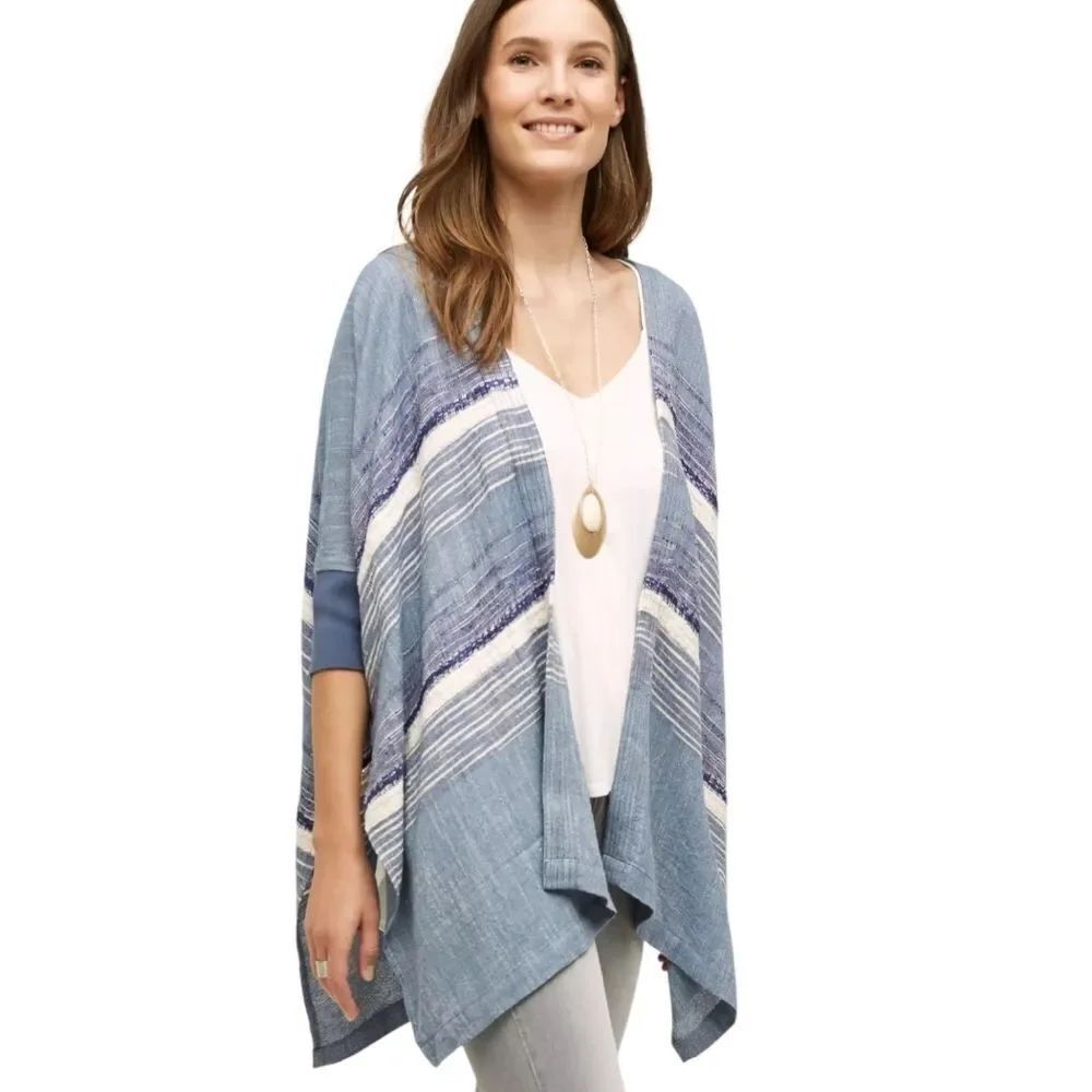 Elevenses Shorline Kimono Cardigan Duster Blue White Textured Stripes